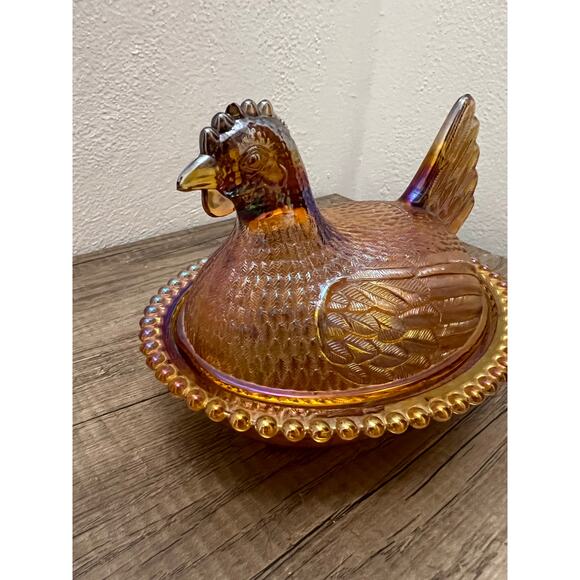 Indiana Glass Amber Iridescent Hen on Nest Dish Vintage Style Carnival Glass - Picture 16 of 16